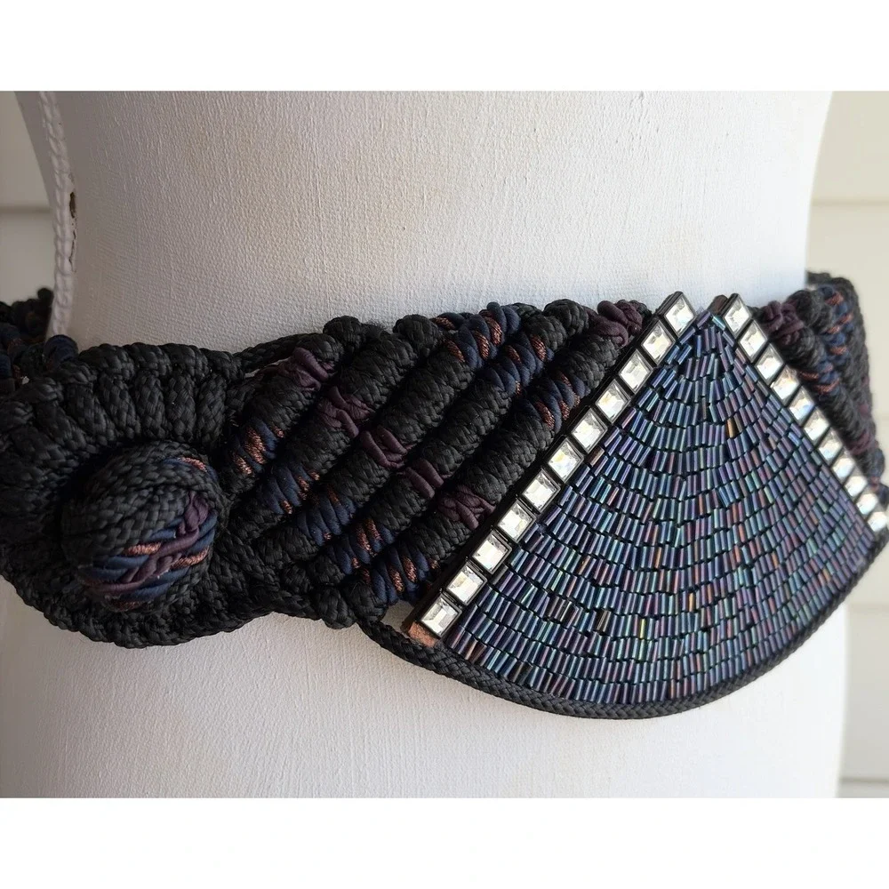 Vtg 70s 80s Signed Manett Macrame Beaded Boho Hippie Belt  display picture 1